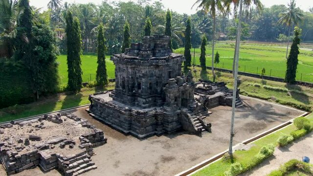 Partly restored ancient Ngawen temple in Muntilan Indonesia, aerial view