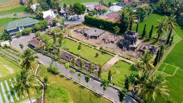 Panoramic aerial view of ancient Ngawen temple, Java, Indonesia on sunny day