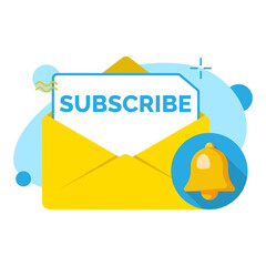 subscribe button on envelope with bell notification concept illustration flat design vector eps10, simple and modern style graphic element for landing page, empty state app or web ui, infographic, etc