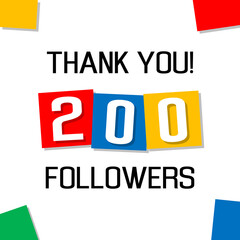 thank you 200 followers, social network greetings card, congratulation post or banner, cartoon style colorful squares