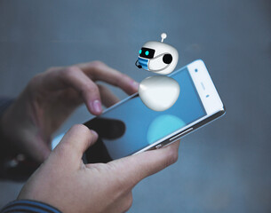 hands holding smart phone with AI helpdesk bot with mask