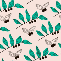 Seamless floral pattern. Vector background with berries and leaves. Pattern on a light background, the contour of Polygonatum berries. Hand drawn flat elements.