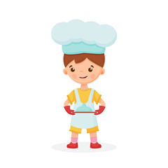 Cute Boy Chef, baker Cartoon. Vector Icon Illustration. People, Food Icon Concept, Isolated vector. Flat Cartoon Style