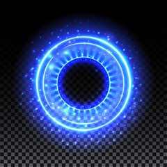Blue hologram portal. Magic fantasy portal. Magic circle with halo effect. Vector blue glow scifi teleport with sparks and hologram, technology background.