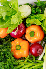 Bell pepper, onion and green vegetables.