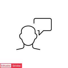 Man with bubble speech line icon. Testimonials and customer relationship management concept. Simple outline style. Vector illustration isolated on white background. Editable stroke EPS 10. 