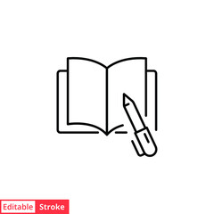 Open book with pen line icon. Testimonials and customer relationship management concept. Simple outline style. Vector illustration isolated on white background. Editable stroke EPS 10. 