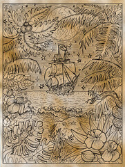 Textured marine illustration with old sailboat and wild nature of treasure island with palms and seashore.