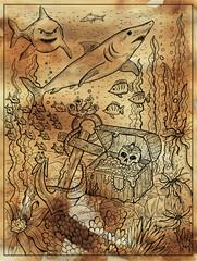 Textured marine illustration with treasure chest on sea bottom, sharks and old anchor.