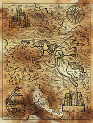 Textured marine illustration of old map with rider, compass, sailboat and fantasy land with islands.