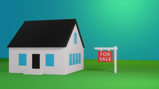 House for sale 3d rendering animation with empty space for your own text. House and sign falling down from above.