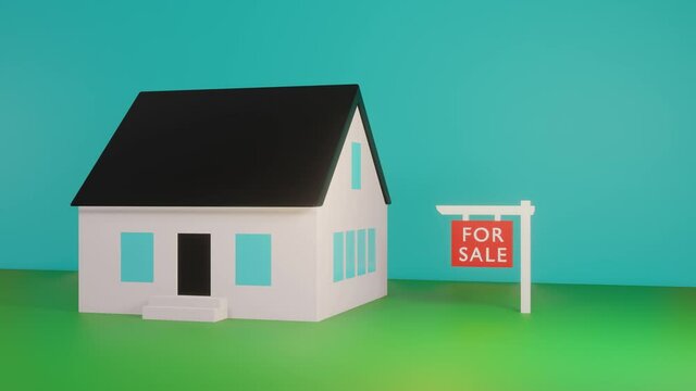 House for sale 3d rendering animation with empty space for your own text. House and sign falling down from above.