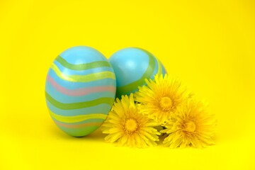Easter holiday.Blue striped eggs,  dandelion flowers on a bright yellow background.Spring religious holiday background. copy space. 