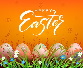 Easter orange composition, patterned eggs are drawn in the grass with flowers