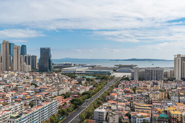 Xiamen city skyline  of Xiamen International Conference and Exhibition Center, residential district and office buildings on the coastline