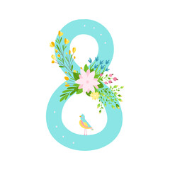 8 for International Women's Day. Design of postcards for the spring holiday. Blue figure eight, decorated with floral ornaments. Vector illustration.