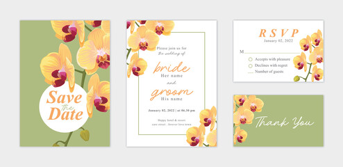 Beautiful Orchid flower background template. Vector set of floral element for wedding invitations, greeting card, envelope, voucher, brochures and banners design.