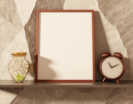 Empty frame on a shelf with fireflies in a jar and clock. 3D rendering.