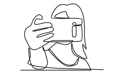 Continue line of woman take a selfie with camera phone