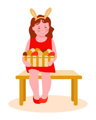 Little girl with a basket of Easter eggs are sitting on a bench. With rabbit ears. Egg hunt. Vector illustration in flat cartoon style. For posters, cards, invitations.