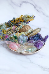 Crystals Stones Set. healing gemstones minerals and floral cleansing bundles. relax Crystal Ritual, Esoteric life balance concept. spiritual practice. modern magic