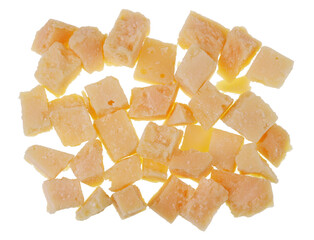 Pieces of the  cheese Parmesan lie on table isolated