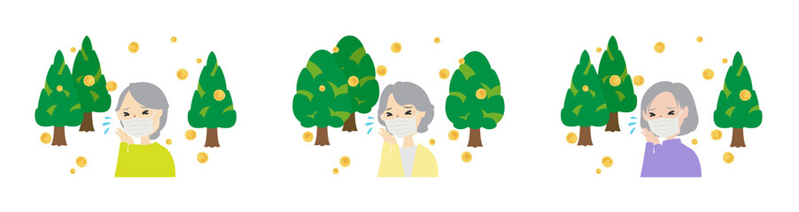 花粉症でマスクを着けてくしゃみしている女性高齢者たち
