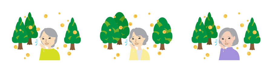花粉症でくしゃみしている女性高齢者たち