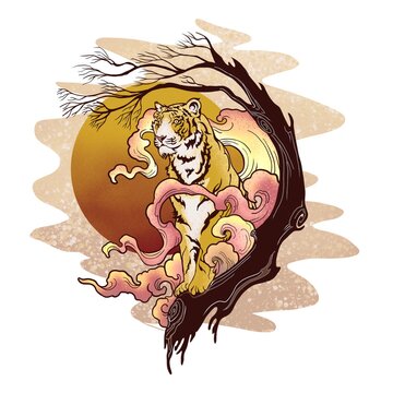 Tiger standing on the tree with steam cloud design for illustration painting with grain with red warm tone technic with white background for digital printing 