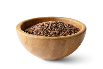 flax seeds in a wooden bowl on a isolated on a white background