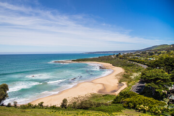 View of the Great Ocean Road with coasline, sea and blue sky, Australia.