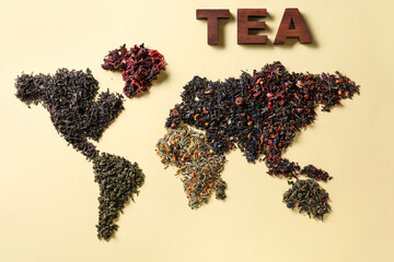 World map made of different sorts of tea on color background