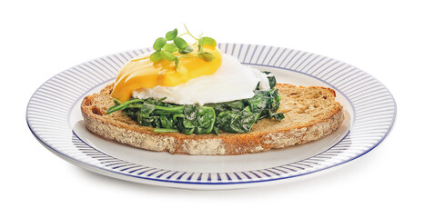Plate of tasty sandwich with florentine egg on white background