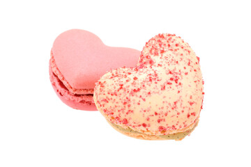 Pair of macaroons in heart shape Pink colored isolated on white