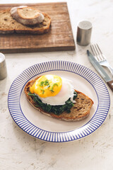 Plate with tasty sandwich and florentine egg on light table