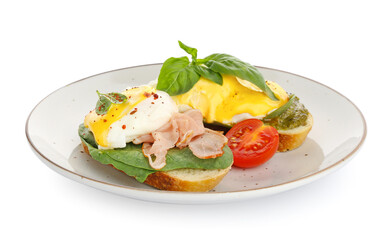 Plate of tasty sandwiches with florentine egg and bacon on white background