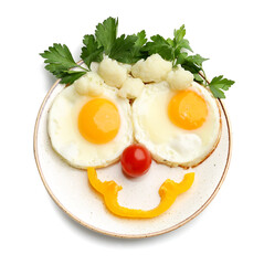 Creative breakfast for children with eggs and fresh vegetables on white background