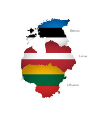 Vector illustration with isolated silhouettes of Baltic States on map (simplified shapes). National flags of Lithuania, Latvia, Estonia. White background and names of countries