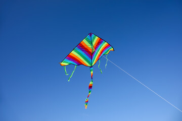 Colorful kite flying in blue sky