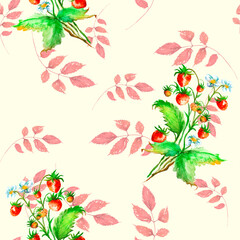 Watercolor seamless pattern, background.Illustration - Branch, red autumn leaves.Blooming bush with red strawberries and flowers.  Watercolor Fall Leaves Illustration.  Aspen leaf, rowan.Garden berry