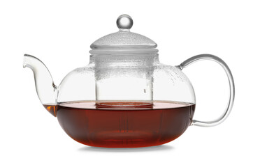 Stylish teapot with hot tea on white background