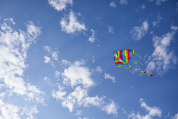 Colorful kite flying in blue sky