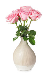 Beautiful pink roses in vase on white background