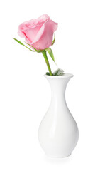 Fototapeta premium Beautiful pink rose in vase on white background