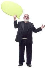 happy business man with a yellow speech bubble .