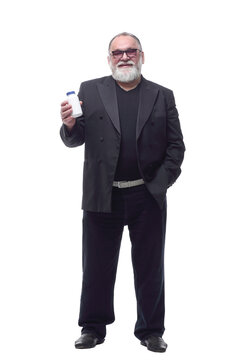 Mature bearded man with antibacterial sanitizer. isolated on a white background.