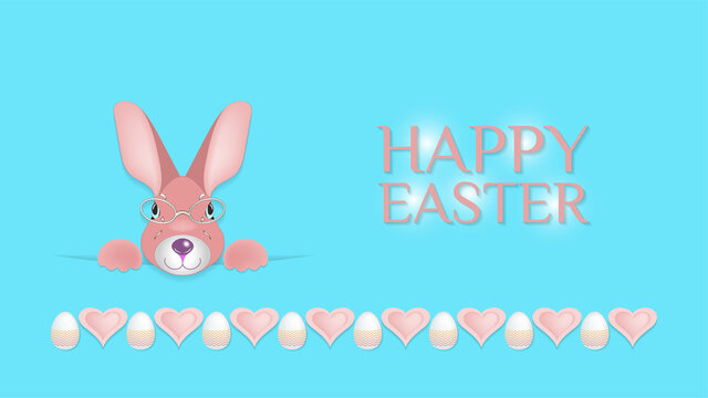 Festive Light Blue Poster. Happy Easter. Paws And Eared Rabbit Head. Hearts, Eggs With Patterns. Glares, Glasses And Shadows