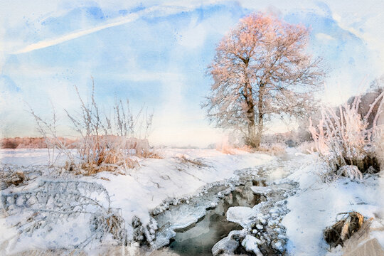Beautiful winter morning over the river banks - waterpaint image