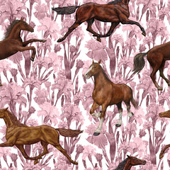 Running horse and floral background ,seamless pattern for printing on textiles,Wallpaper