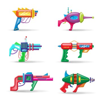 Vector cartoon style flat illustration of futuristic colorful blasters isolated on white background.